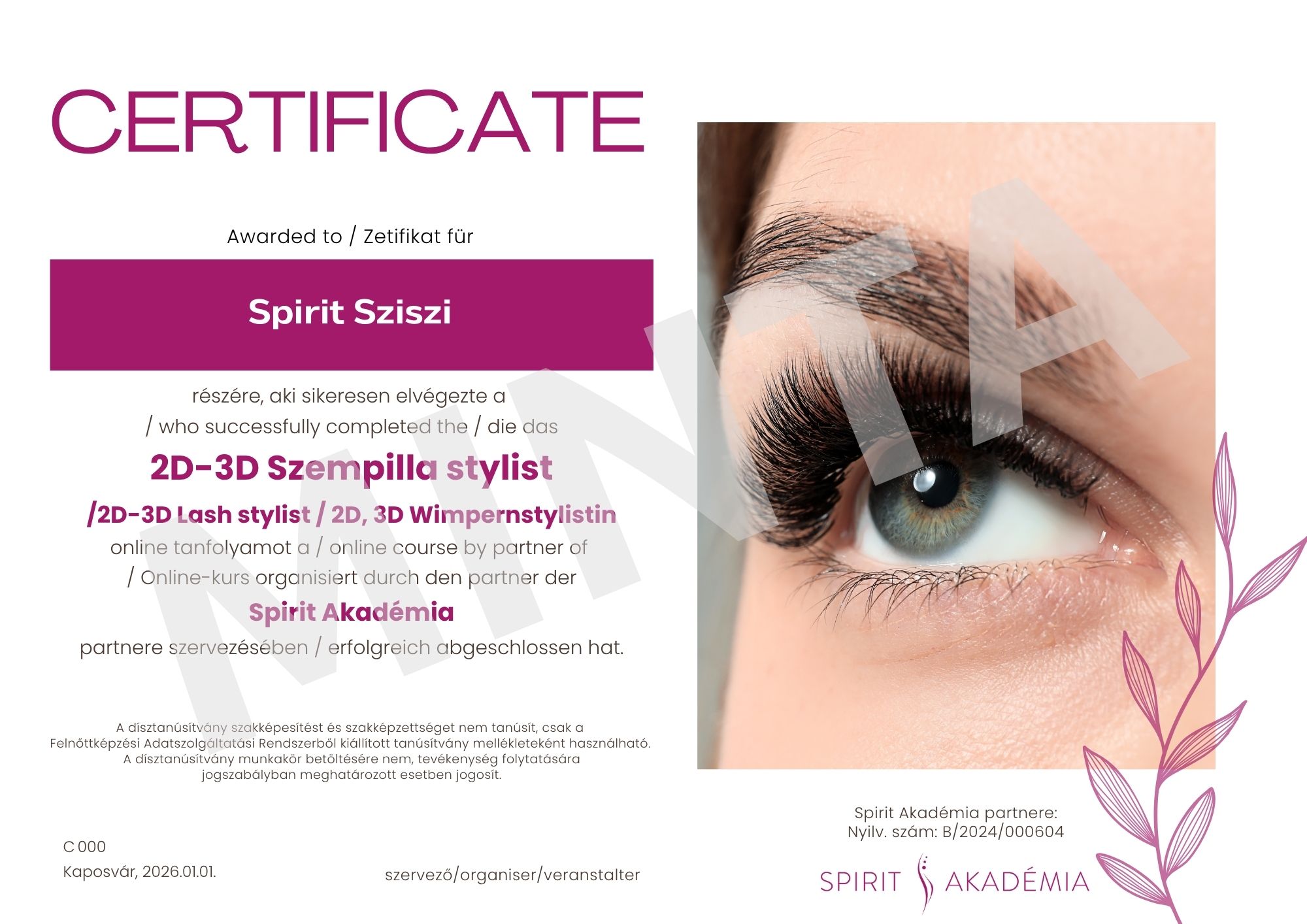 2D 3D szempilla stylist tanfolyam tanúsítvány minta